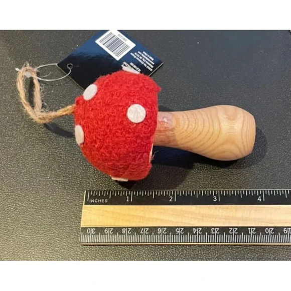 Red White Polka Dot Felt Wood Mushroom Toadstool Ornaments Christmas Set Of 2 #3 - Picture 4 of 5